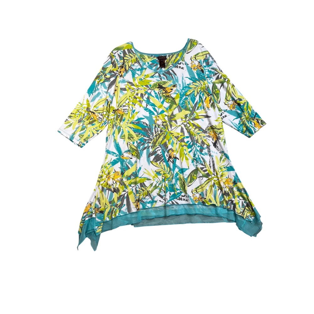 Multiples Womens 1X Tunic Top Tropical Bird Palm Print Sharkbite Hem Rhinestone